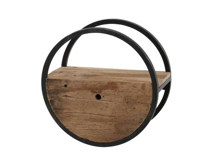 Etagère murale ronde bois recyclé brut et métal noir vieilli d50cm