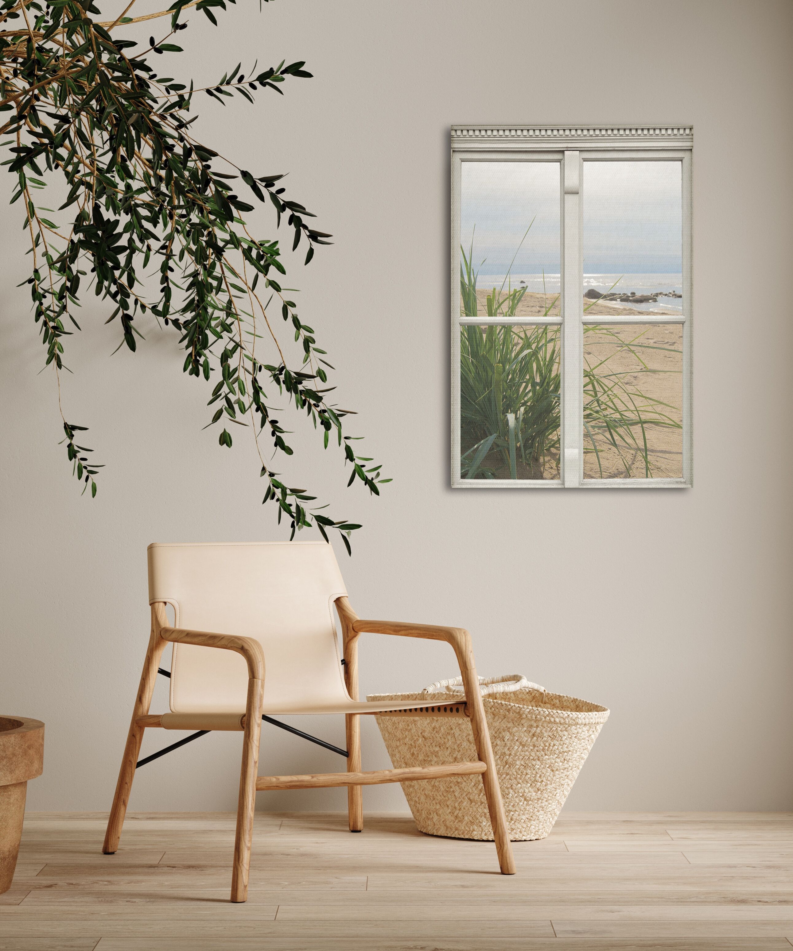 Leinwandbild QUEENCE "Ausblick", beige (farbe bild(er): natur), B:60cm H:90cm, Canvas, Holzrahmen, Bilder, Leinwandbild, Premium-Leinwandstoff farbe bild(er): natur B/H/T: 60cm x 90cm, rechteckig Düne Fensterblick Gräser Meer Natur Hochformat, 1 Stk.