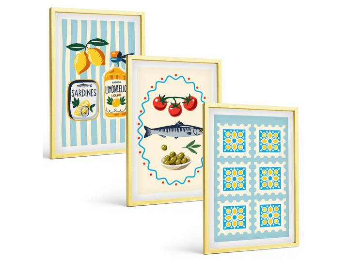 Tulup Bilder SET 3er Set - 40x60 cm Goldrahmen - Illustrationen von Küchen im mediterranen Stil, Goldfarben, Kunststoff, Rechteckig, 40x60 cm, einfache und schnelle Anbringung, Bilder & Rahmen, Bilder