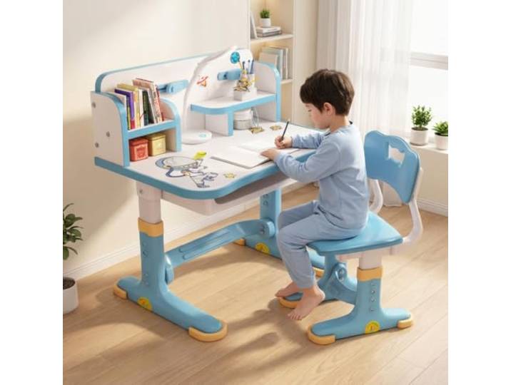 Schreibtisch- und Stuhl-Set für Kinder, höhenverstellbarer Lernschreibtisch Schreibtisch für Kinder mit erweiterter Schreibfläche, extra breiter Schublade, Buchständer, für das Schlafzimmer