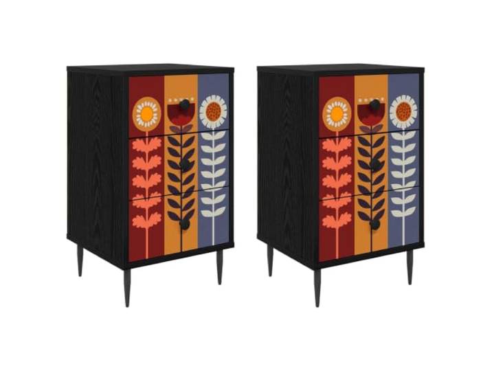 HGDFWRQW 2er Set Nachttisch Schwarz Eichen-Optik 36x33x61cm Erhöhte Füße und dekoratives Muster schaffen Ordnung und Stil im Schlafzimmer mit praktischen Schubladen.