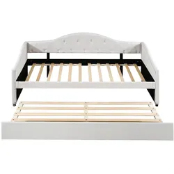 OKWISH Tagesbett Leinen Beige 90x200 cm mit ausziehbarem Rollbett, MDF-Rahmen, ohne Matratze