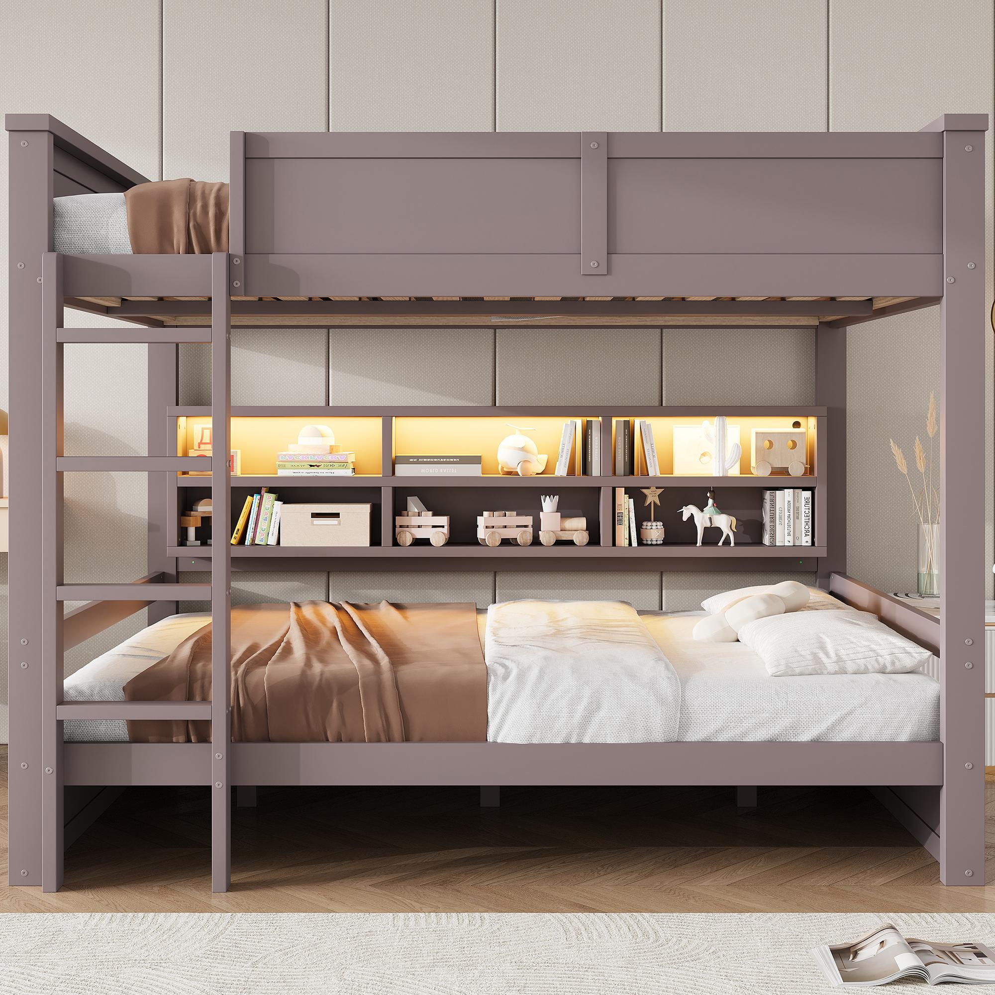 Flieks Etagenbett 160x200cm mit Regal, Kinder Hochbett mit Led und Leiter, Kinderbett Doppelbett mit Rausfallschutz und Lattenrost, Braun