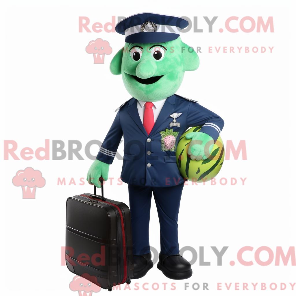 Maskottchen REDBROKOLY einer marineblauen Wassermelone mit Bluse und Aktentasche