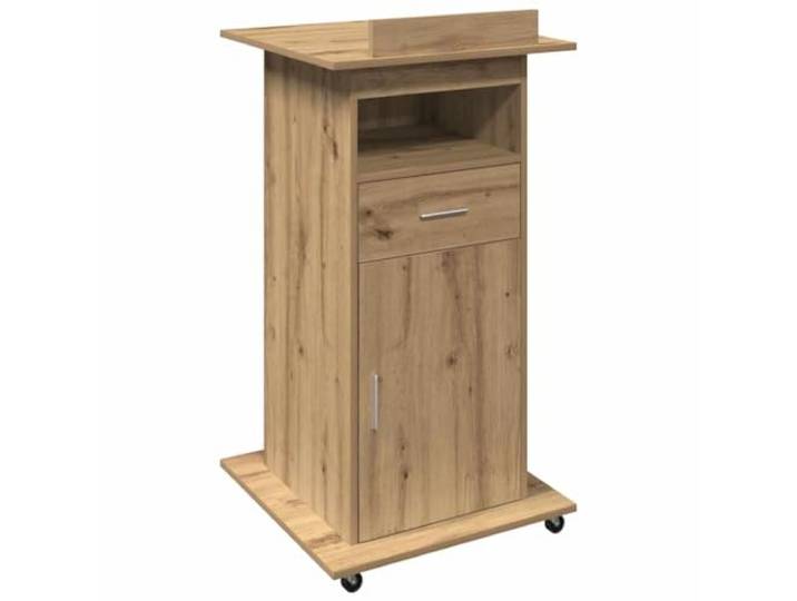 Tmriohed Rednerpult fahrbar 55x55x107 cm Holzwerkstoff Eiche-Optik Mobiles Standpult mit Schrankfach für Konferenzraum und Büro, flexible 4 Rollen und strukturierte Fachböden bis 60 kg.