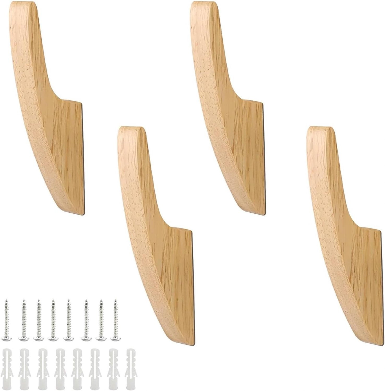 Set van 4 multifunctionele houten wandhaken voor kleding, sjaals en tassen in eikenhout
