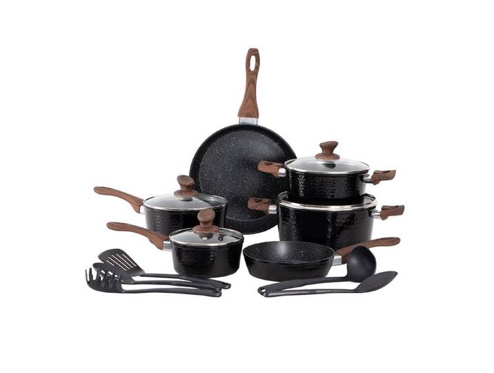Kitchen Academy Topf-Set, Aluminium, Granit (20,3 cm/27,9 cm Bratpfanne, 1,5qt/3qt Stieltopf mit Deckel, 3qt/5qt Kasserolle mit Deckel, 5 Silikonspatel), Induktionskochgeschirr-Set 15-tlg Antihaft-Kochgeschirr-Set