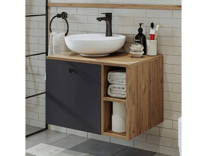 Meuble suspendu 1 tiroir + vasque ronde RAI - Pin et gris