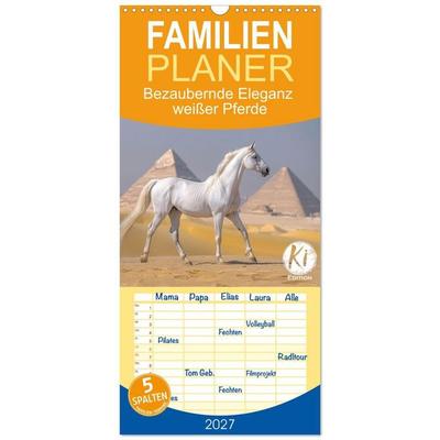 Familienplaner 2027 - Bezaubernde Eleganz weißer Pferde mit 5 Spalten (Wandkalender, 21 x 45 cm) CALVENDO