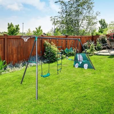Kodotan sofa Blackish Green Interesting Four Function Swing Set with Face to Face Metal Plastic Safe Swing Seat for Outdoor Playground