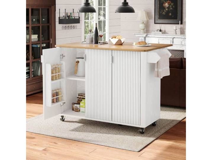 Desserte ilôt de Cuisine avec roulettes-Buffet Cuisine de Rangement avec Plateau de Table Pliable-Chariot de Repas-3 Porte-Blanc
