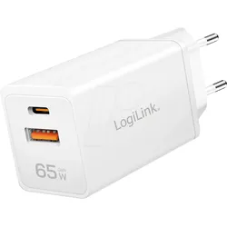 LOGILINK PA0371 - USB-Ladegerät, 65 W, 1x USB-C PD, 1x USB-A QC, GaN, weiß