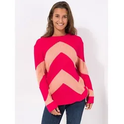 DENIM & CO. Pullover Rundhalsausschnitt Zick-Zack Intarsie figurumspielend