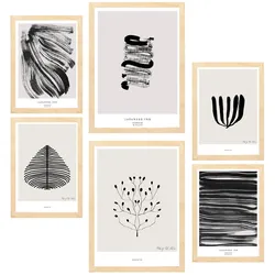 POSTER Set Mit 6 Abstrakte Kunst In Schwarzweiß Pinselstriche A3 & A4 Rahmen Aus Hellem Holz