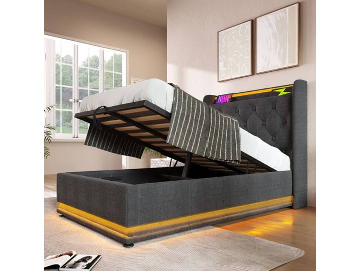Lit coffre - ZEVKOR - Lit Coffre Simple 90×200 cm - LED 360° - USB & Type-C - Coffre de rangement