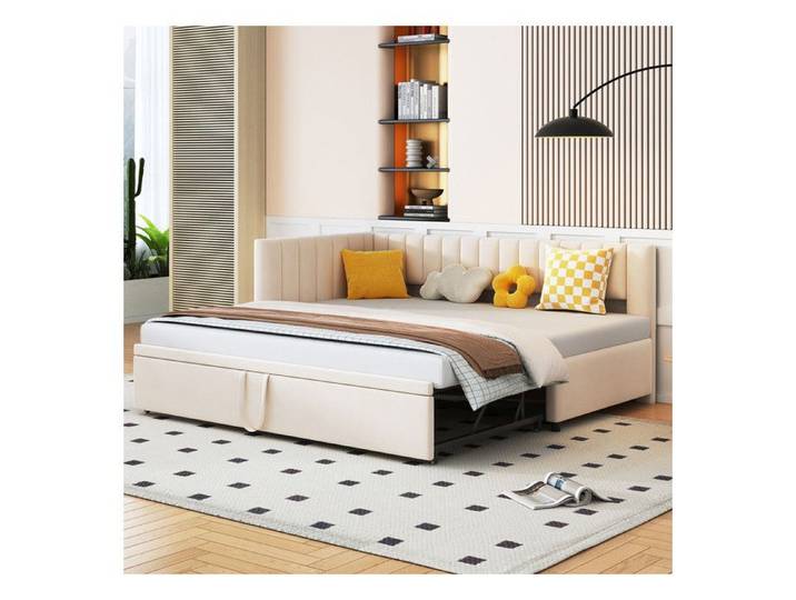 Lit Gigogne 90/180x200 cm Canapé-Lit en L Lit Simple en Velours Lit Rembourré pour Lit Enfant Lit Adulte Beige