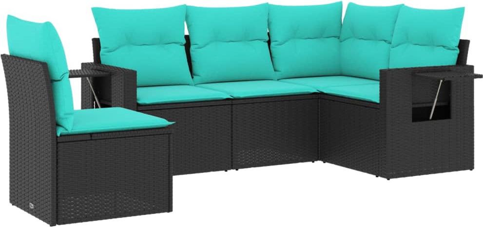 5-teiliges Gartensofa-Set mit Kissen, schwarzes Polyrattan
