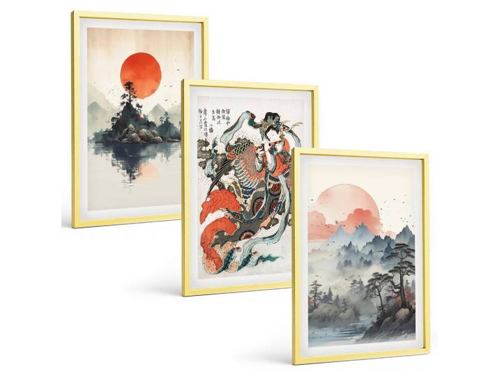 BILDER SET 3er Set - 40x60 cm Goldrahmen - Asiatische Japandi-Malereien