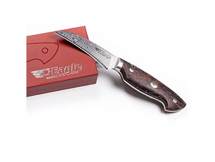 Eagle U-Grip - Tourniermesser 8 cm - Voll-Damaststahl 108 Lagen/Heftschalen: G10 schwarz-rot-weiß