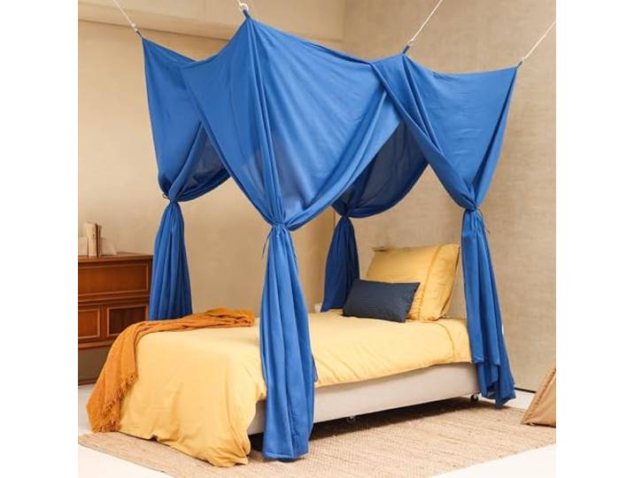 Blauer Betthimmel für Einzelbett & Kinderzimmer Rechteckiges Moskitonetz Dekorativer Baldachin für Bett Kinder Himmelbett Vorhänge, 4 Öffnungen