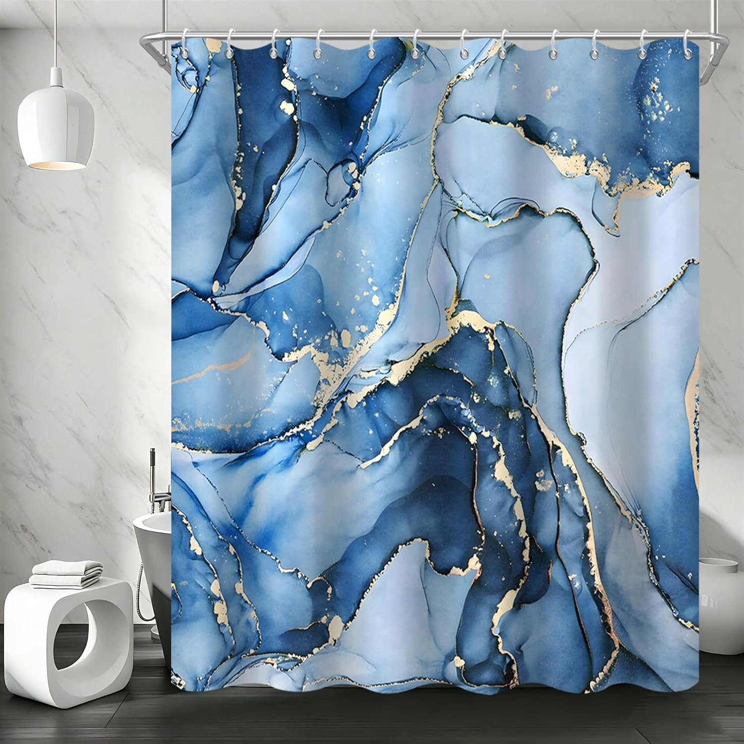 Douchegordijn met blauw ombre modern abstract marmer design, waterdicht textiel, 180 x 180 cm