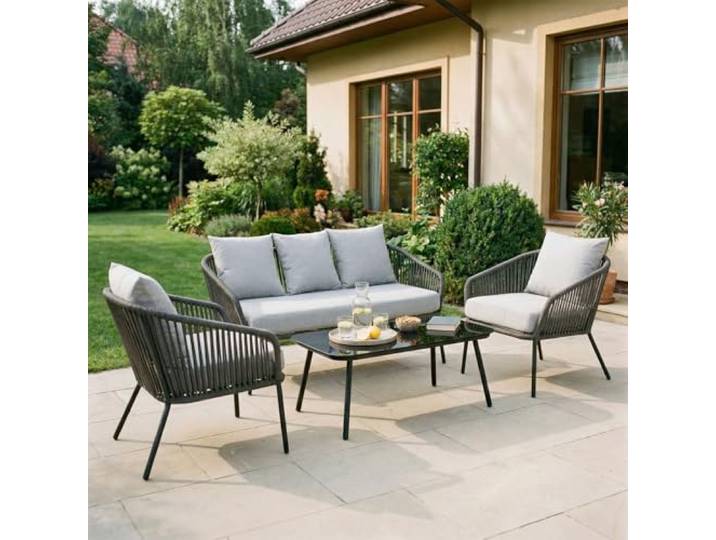 Gartenmöbel Bengal mit Dreisitzer, Zwei Sessel, Beistelltisch in schwarz/grau, Strapazierfähige, Wasserabweisende Polster, Gestell aus Aluminium, Beistelltischplatte aus Sicherheitsglas