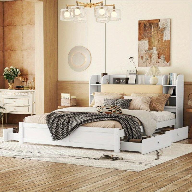Bett mit Stauraum, 180x200 cm - Bettgestell mit vier Schubladen und Kopfteil mit Fächern - Weiß - Klappbar