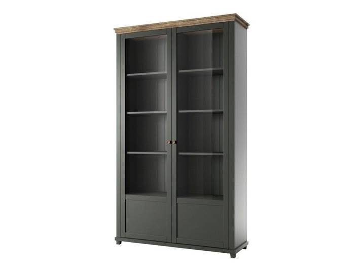 Vitrine ASSIA 2 portes vitrées vert foncé et bois - 125 cm - 10 niches - Élégance intemporelle