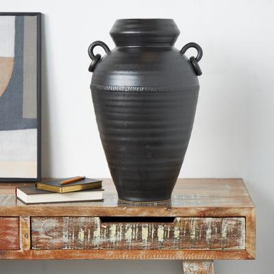 ARCILLA ELEMENTAL Black Ceramic Amphora Vase with Speckled Texture and Ring Handles