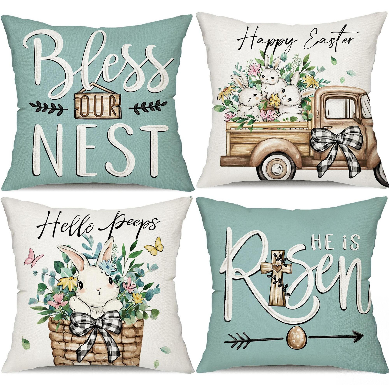 Set van 4 kussenhoezen met konijnen en eucalyptus voor een landelijke stijl
