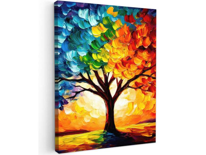 MuchoWow Leinwandbild - Baum - Kunst - Natur - Sonnenuntergang - 60x80 - Gemälde, Mehrfarbig, Textil, Kiefer, Abstrakt, Rechteckig, 60x80 cm, gerahmt, Bilder & Rahmen, Bilder, Wandbilder