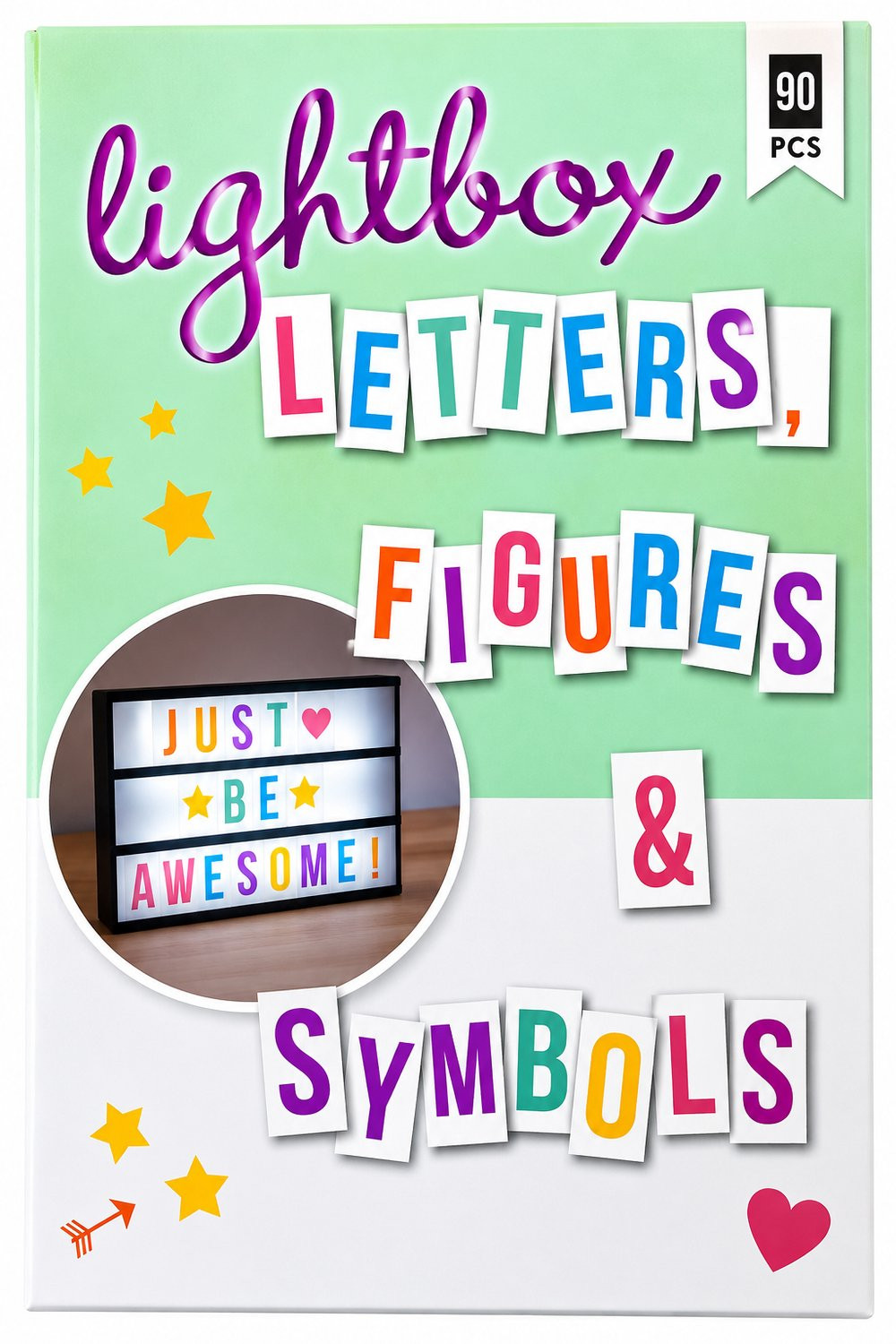 Lightbox Letter Set 90 stuks met letters, figuren en symbolen, gekleurd, 65 x 40 mm