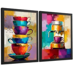 POSTER 2er Set Küchen-Wandbilder Kaffeetassen und Espressomaschine Pop Art Bunt Esszimmer Wanddeko Rahmenlos A3