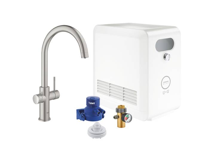 GROHE mitigeur monocommande à C BLUE HOME avec système pour 3 types d'eau 31323DC2 (Super steel - acier satiné)