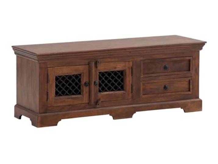 Woodkings TV-Bank Merlow aus massiver Akazie – Lowboard mit 2 Türen, 2 Schubladen und Metalleinsätzen – 130 cm