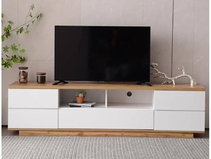 Ropilly tv Schrank 180 cm weiß Holz, MDF Lowboard mit Gitterdesign Lowboard mit 5 Türen und 2 Fächern, verdeckte Griffe für cleanes Design, bis 50 kg belastbar.
