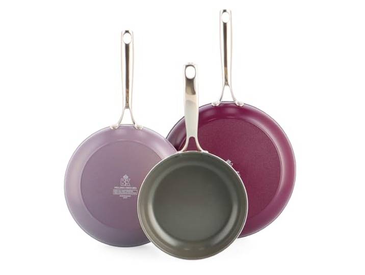 BK Sky Keramik-Antihaft-Pfannenset, 3-teilig, Ø 20/24/28 cm, PFAS-frei, Induktionsgeeignet, Backofenfest bis 220 °C, Spülmaschinenfest, Schnelle Erhitzung, Edelstahlgriffe, Violett