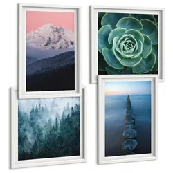 BILDER SET 4er Set - 50x50 cm & 40x60 cm Weißer Rahmen - Berge, rosa Himmel, Wasser, Sukkulente