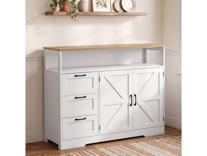 HOMCOM Buffet Cuisine 3 Tiroirs 2 Portes Blanc Rangement Grange
