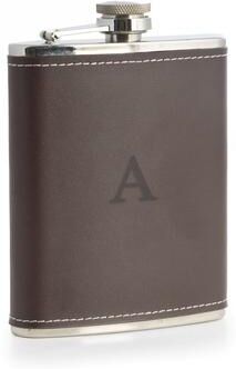 Bey Berk Single Initial Stainless Steel Brown Leather Flask 6 oz.