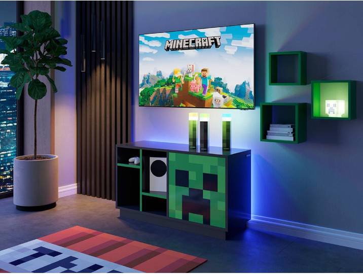 Minecraft TV-Lowboard „CreeperCube“ – mit Push-Open Tür & offenen Fächern - Luxusbetten24