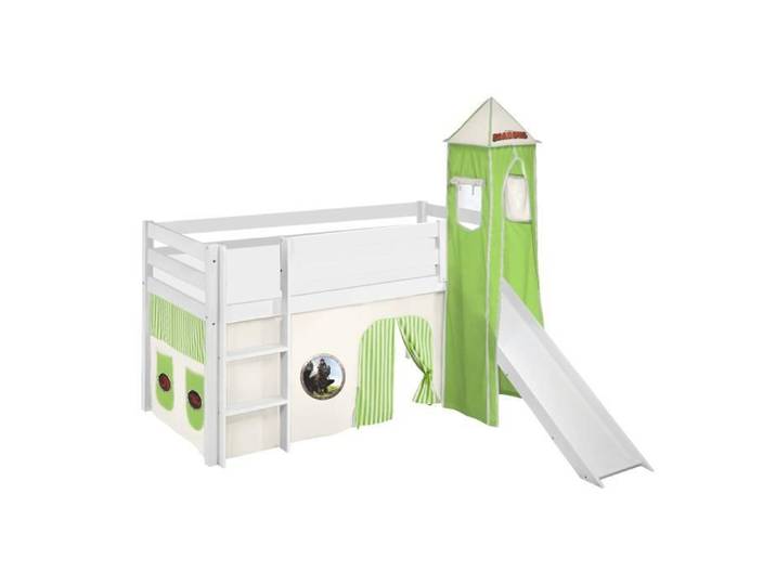 Lit surélevé ludique JELLE 90x190 cm Disney Dragons vert - LILOKIDS - blanc laqué avec tour toboggan et rideaux