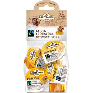 Breitsamer Honig Faires Frühstück Blütenhonig aus Amerika, flüssig, Portionspackungen, 5x 20 g