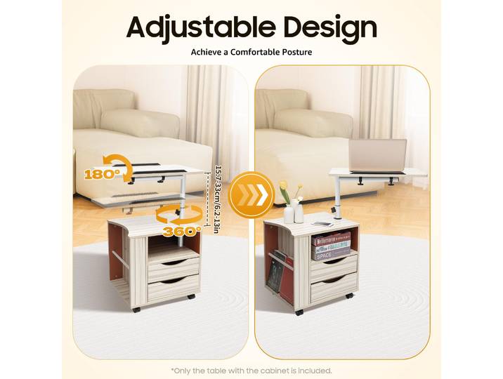 Table de chevet roulante avec tiroirs, table de chevet pivotante à hauteur réglable sur roulettes, armoire de rangement mobile pour chambre à coucher