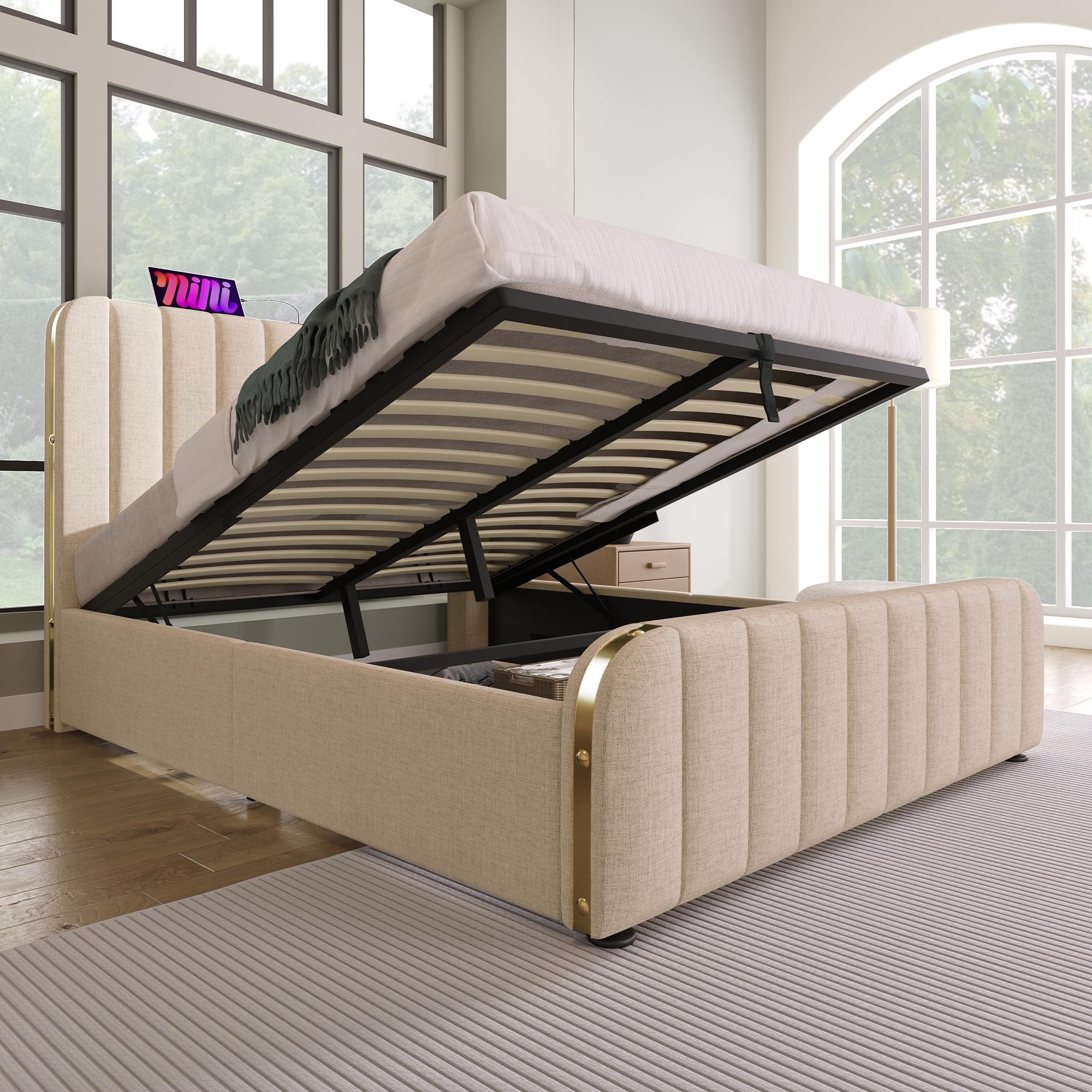 Polsterbett Doppeltes, gepolstertes Kopfteil mit goldenen Zierstreifen und ,USB Typ-C Ladefunktion 140*200 cm