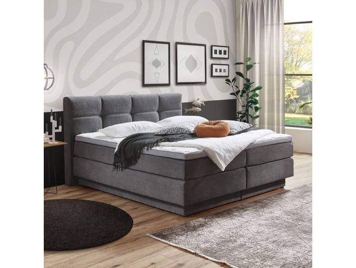 Boxspringbett Bardin Webstoff mit Bettkasten 180x200cm 180x200 cm Bonellfederkern-Box Härtegrad: H2/H3 Dunkelgrau Mit abnehmbarem Bezug