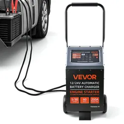 VEVOR Fahrbares Autobatterieladegerät 12 / 24 V 250 / 125 A mit Starthilfe für Pkw, SUVs, Leichte Nutzfahrzeuge und Transporter, 9-Stufiges Automatisches Laden für Blei-Säure- und Lithiumbatterie