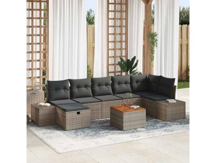 YUTAASU Garten-Sofaset 8-TLG Grau Poly Rattan Akazienholz Tischplatte, Stauraumfächer, Wetterfest, Modulares Design für Terrasse