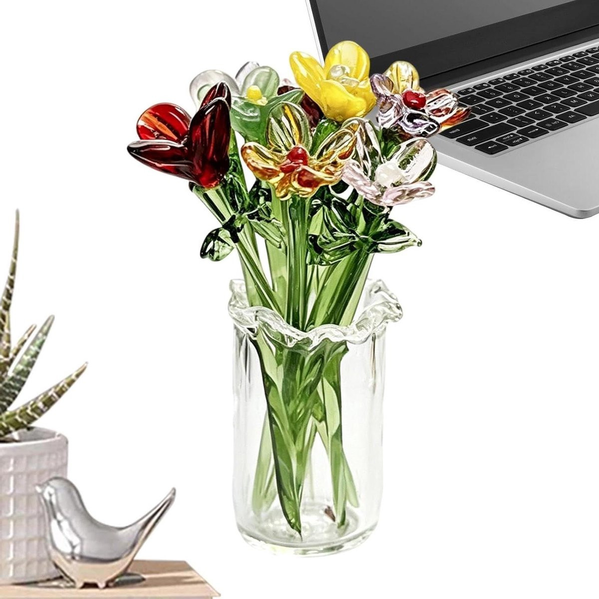 Set van 11 handgeblazen kristallen mini glazen bloemen in multicolor