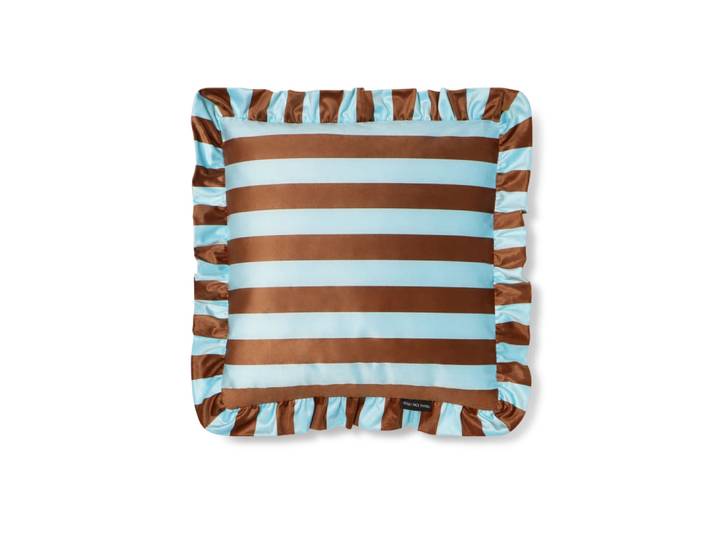 Coussin en velours avec volant plissé, marron et bleu